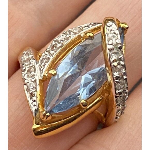 Signed Cocktail Ring EBCO Marquise 3+ Ct Blue Topaz & CZ 18K HGE Gold Size 8.25 - Picture 2 of 16